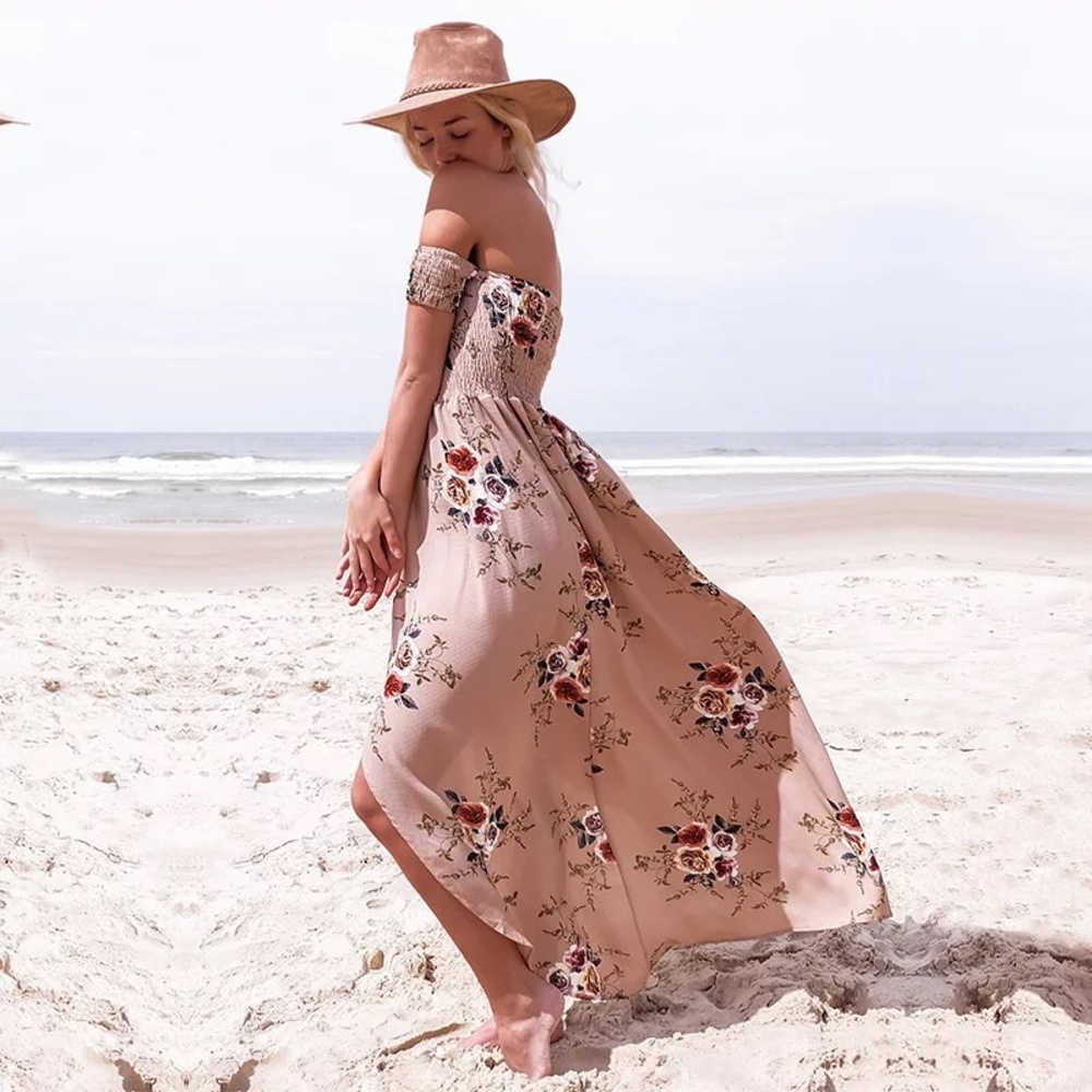 5 🌟 NEW Tan Off Shoulder Floral Boho Maxi Dress - Picture 2 of 6